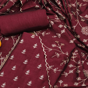 Maroon Sequins Embroidered Vichitra Silk Dress Material