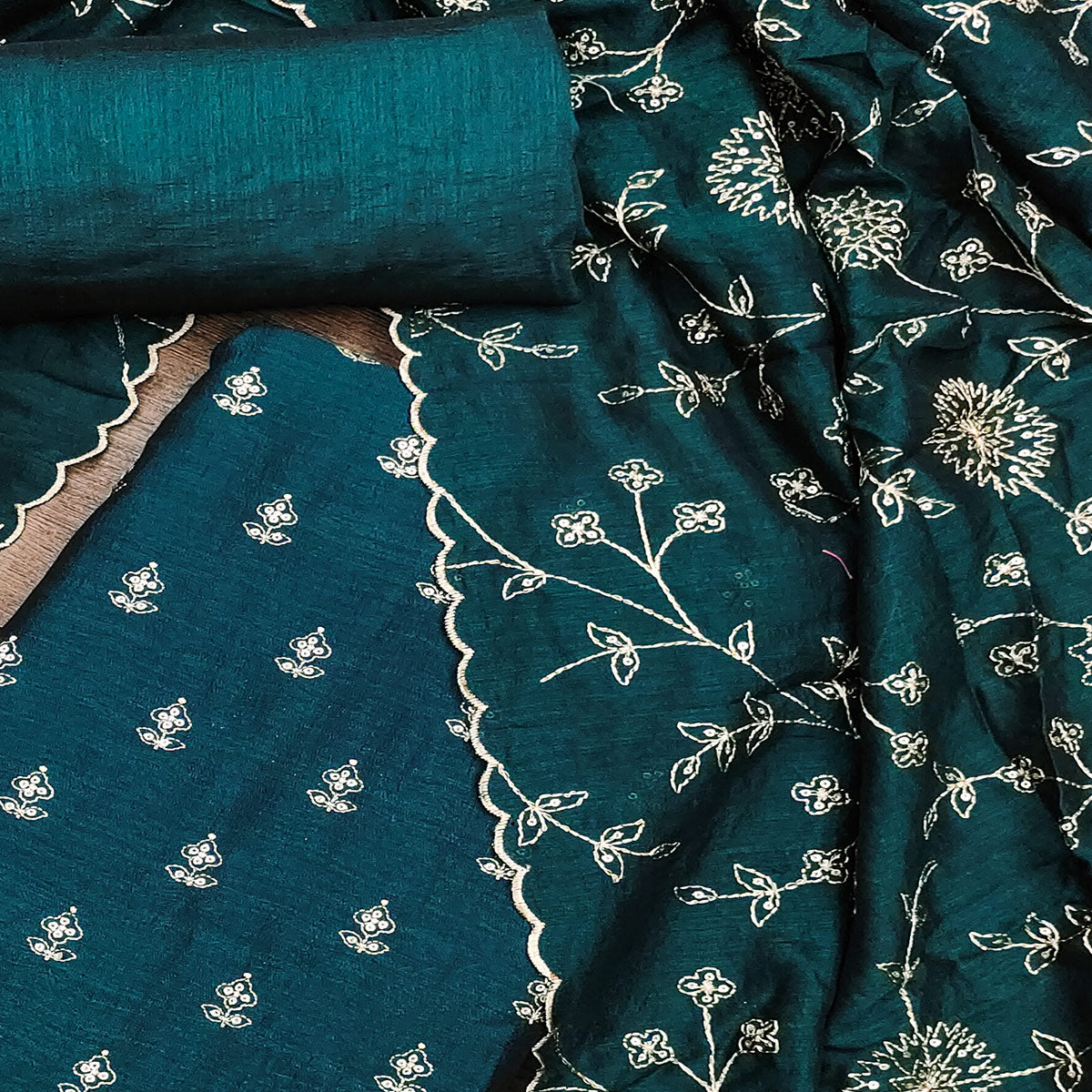Morpich Sequins Embroidered Vichitra Silk Dress Material