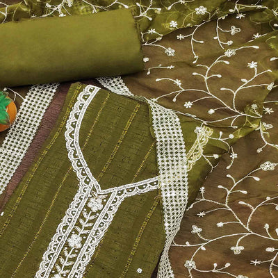 Mehandi Green Woven Pure Cotton Dress Material