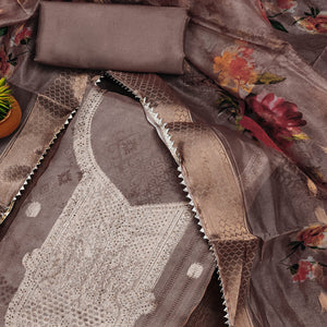 Mauve Floral Woven With Stonework Organza Dress Material