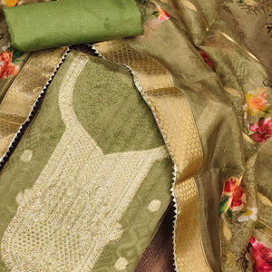 Mehendi Green Floral Woven With Stonework Organza Dress Material