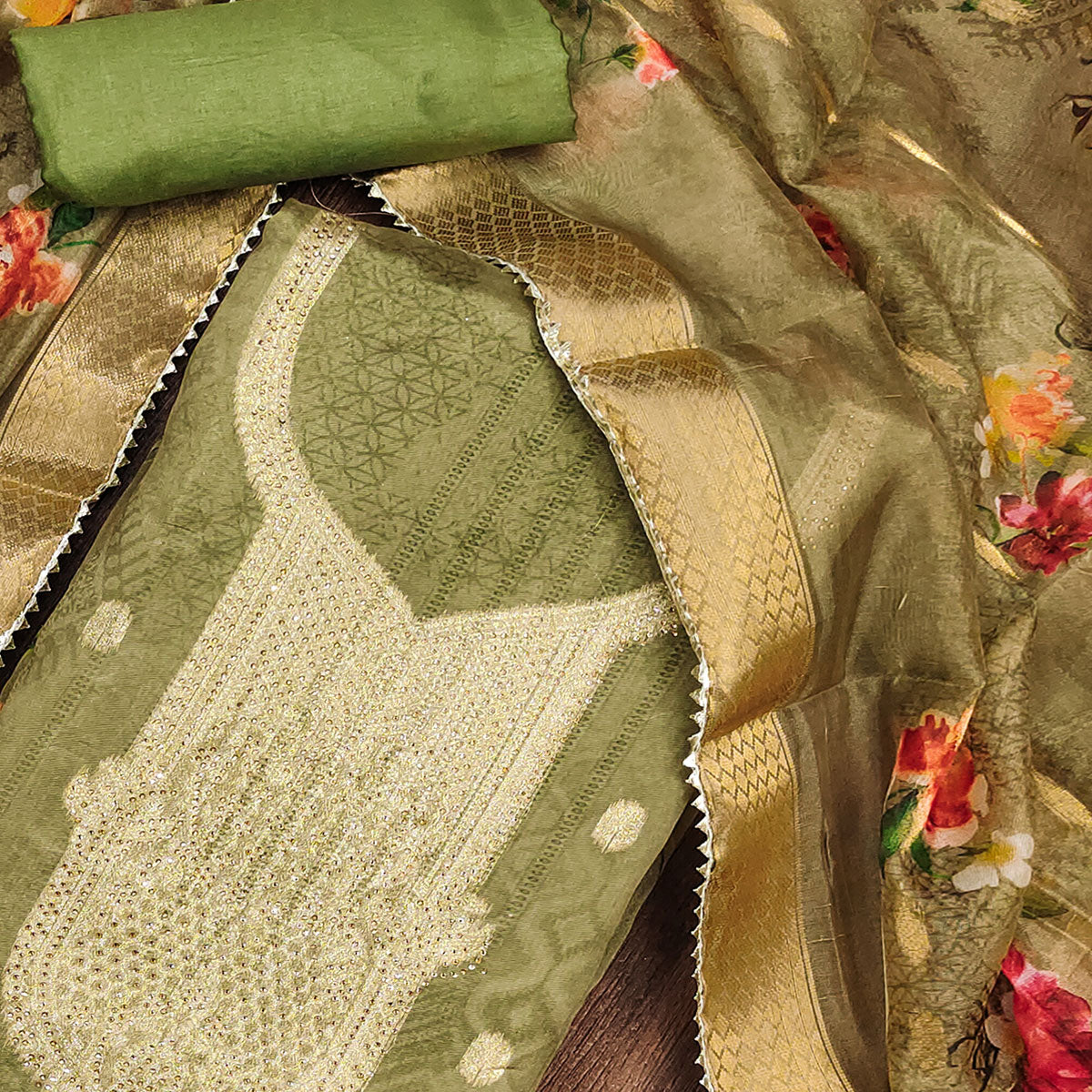 Mehendi Green Floral Woven With Stonework Organza Dress Material