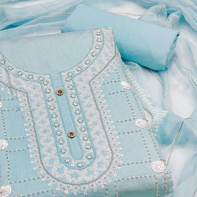 Blue Sequins Embroidery Chanderi Silk Dress Material