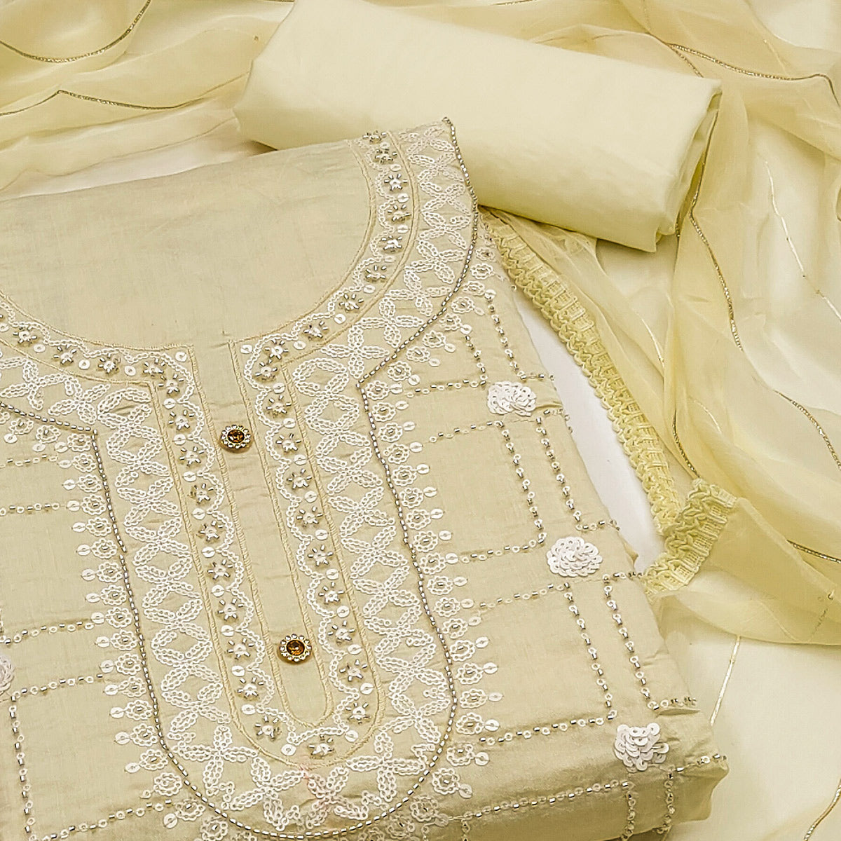 Light Yellow Sequins Embroidery Chanderi Silk Dress Material