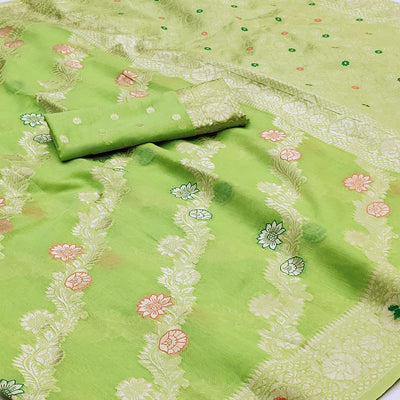 green-floral-woven-cotton-silk-saree