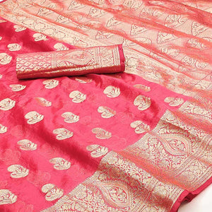 Gajri Pink Floral Woven Organza Saree With Tassels