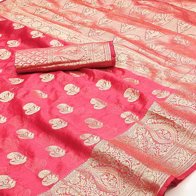 Gajri Pink Floral Woven Organza Saree With Tassels