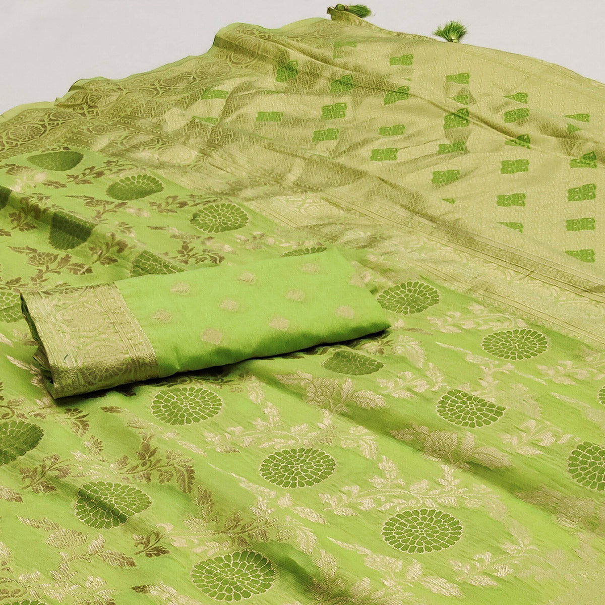green-floral-woven-jacquard-saree-with-tassels