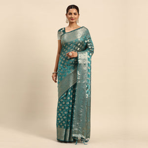 Blue Woven Organza Silk Saree With Tassels