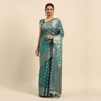 Blue Woven Organza Silk Saree With Tassels