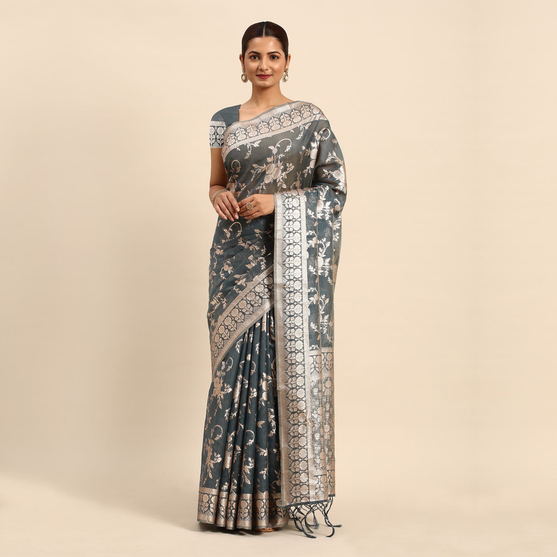 grey-floral-woven-organza-silk-saree-with-tassels