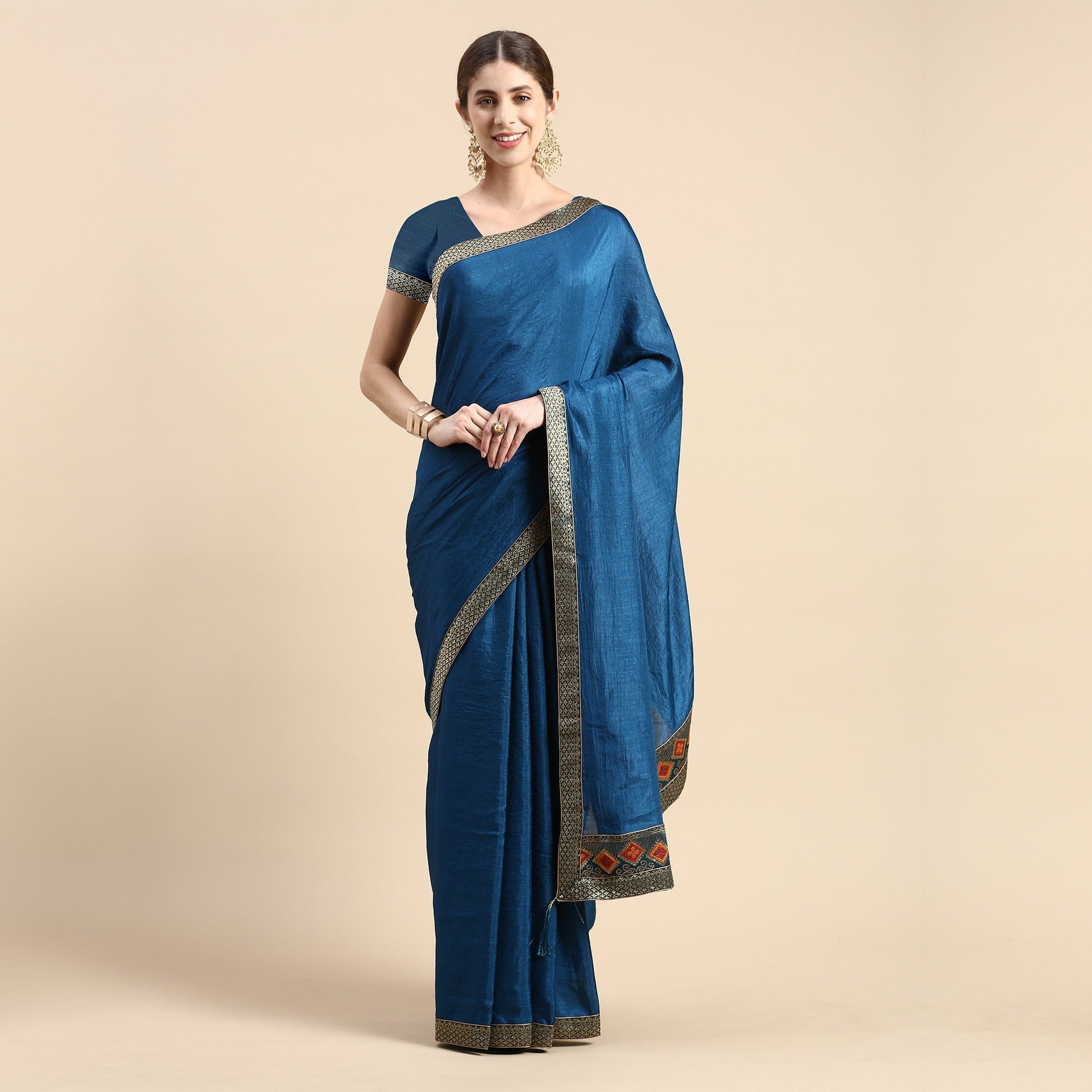 Blue Solid Vichitra Silk Saree With Fancy Border