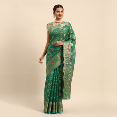 green-floral-woven-organza-silk-saree