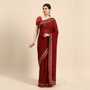 Maroon Foil Printed With Swarovski Zomato Silk Saree