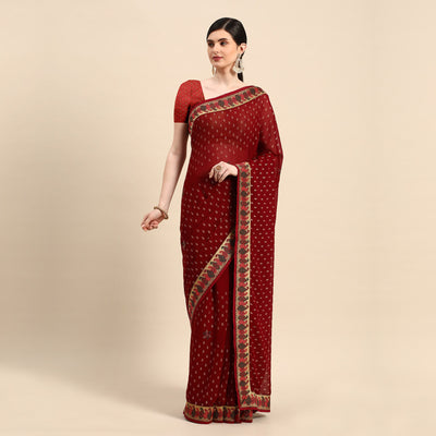 Maroon Foil Printed With Swarovski Zomato Silk Saree