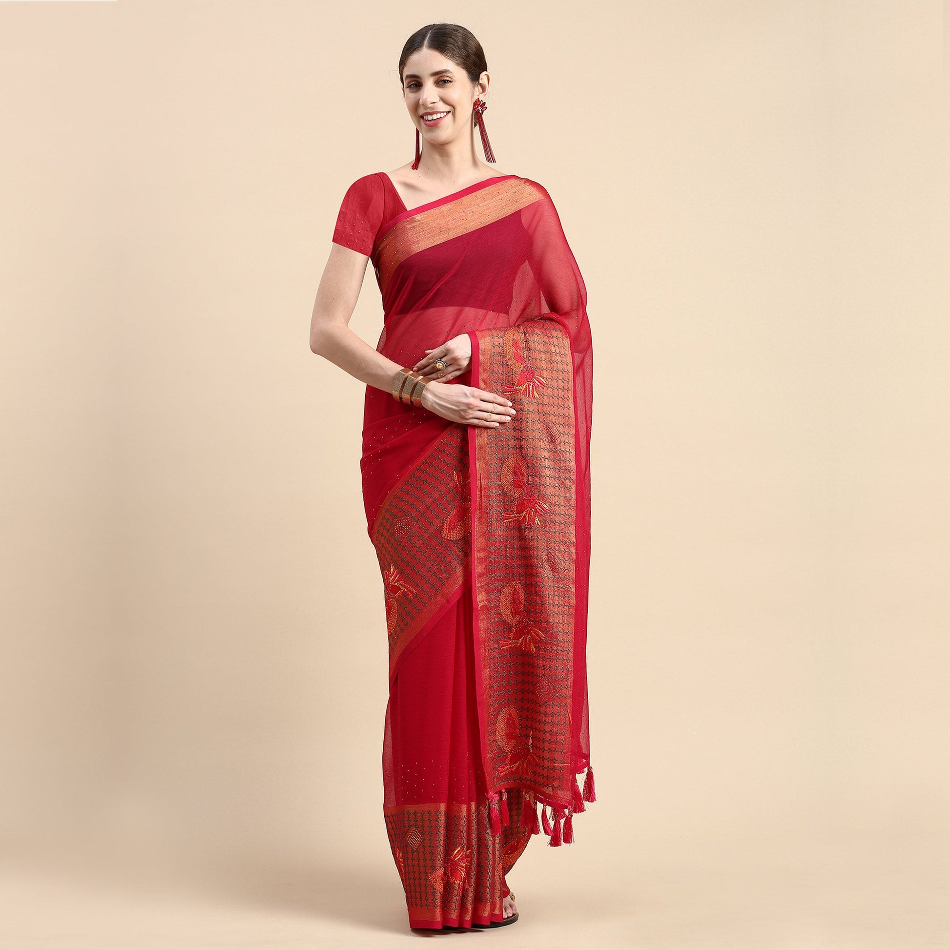 Magenta Purple Embroidered With Swarovski Work Viscose Saree