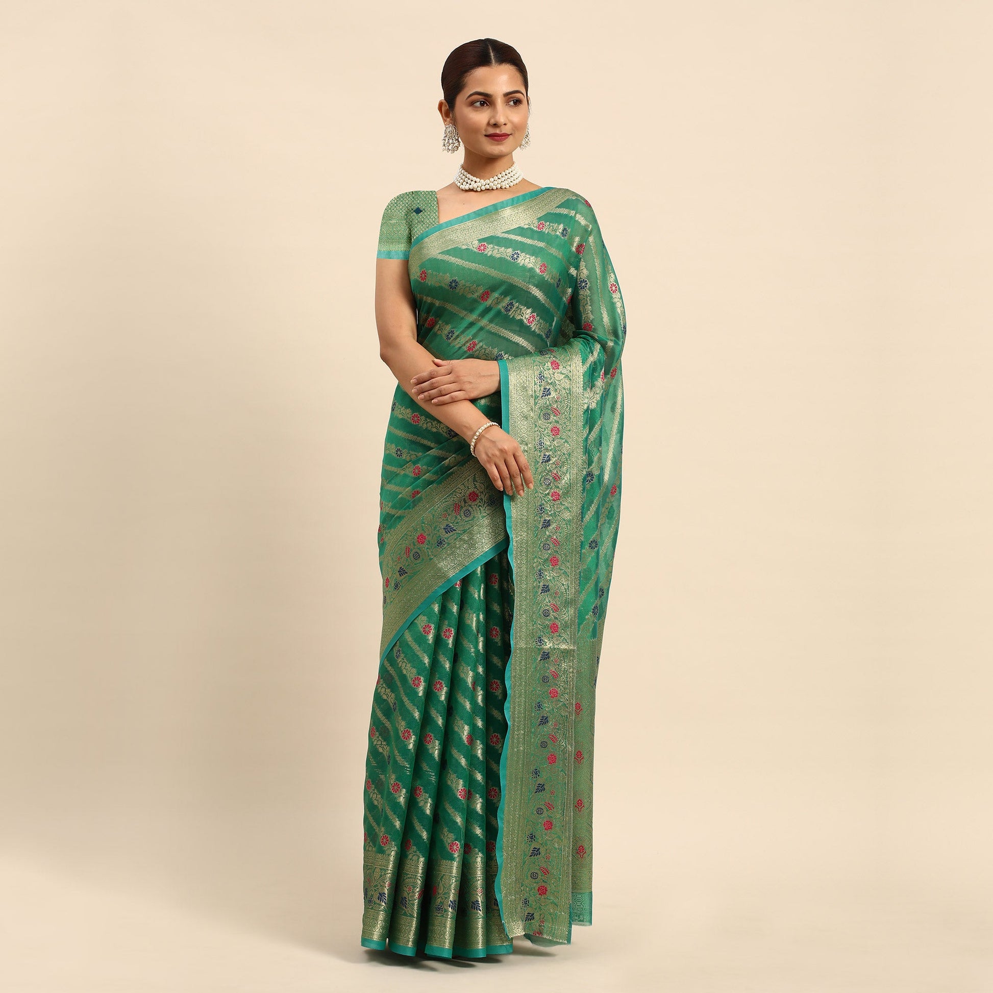 green-floral-woven-organza-silk-saree-1
