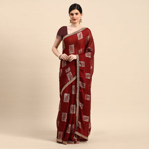 Maroon Foil Printed With Embroidered Border Chiffon Saree
