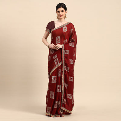 Maroon Foil Printed With Embroidered Border Chiffon Saree
