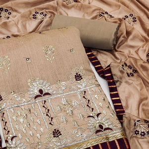 Brown Floral Printed With Embroidery Modal Dress Material