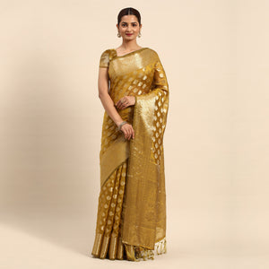 Mehendi Green Woven Organza Silk Saree With Tassels