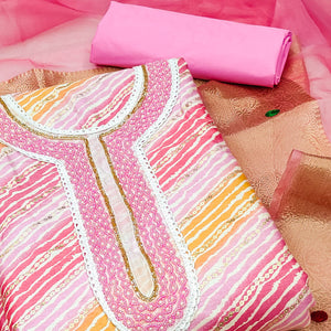 Light Pink Printed With Handwork Pure Cotton Dress Material