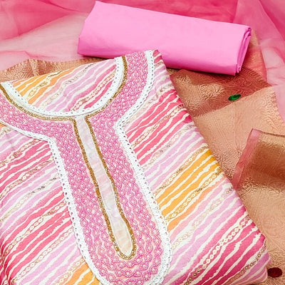 Light Pink Printed With Handwork Pure Cotton Dress Material