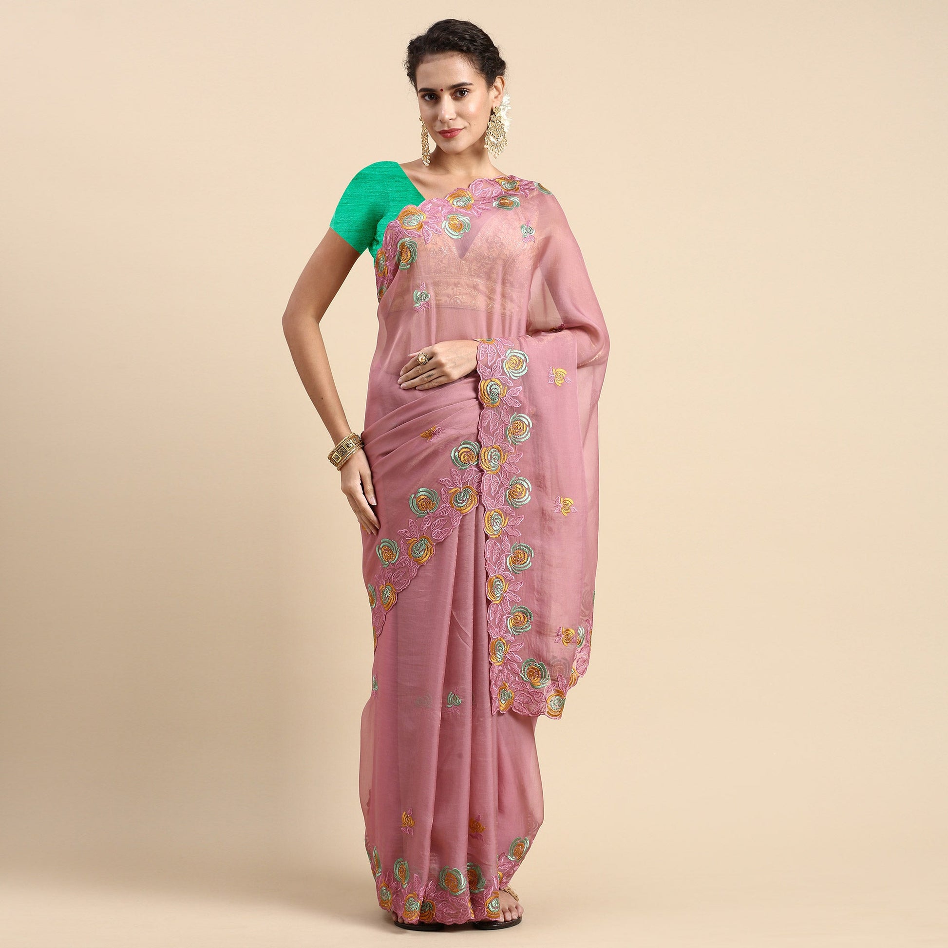 Ligth Purple Floral Embroidered Organza Saree