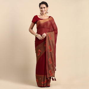 Maroon Embroidered With Swarovski Work Viscose Saree