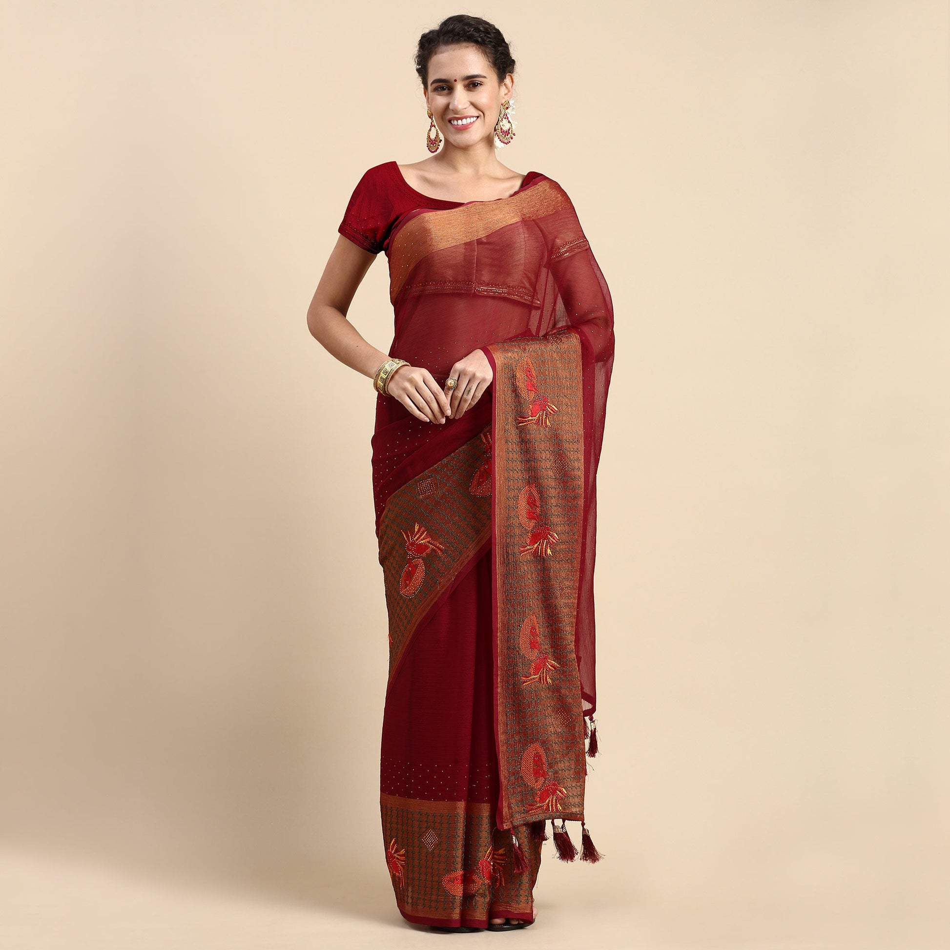 Maroon Embroidered With Swarovski Work Viscose Saree