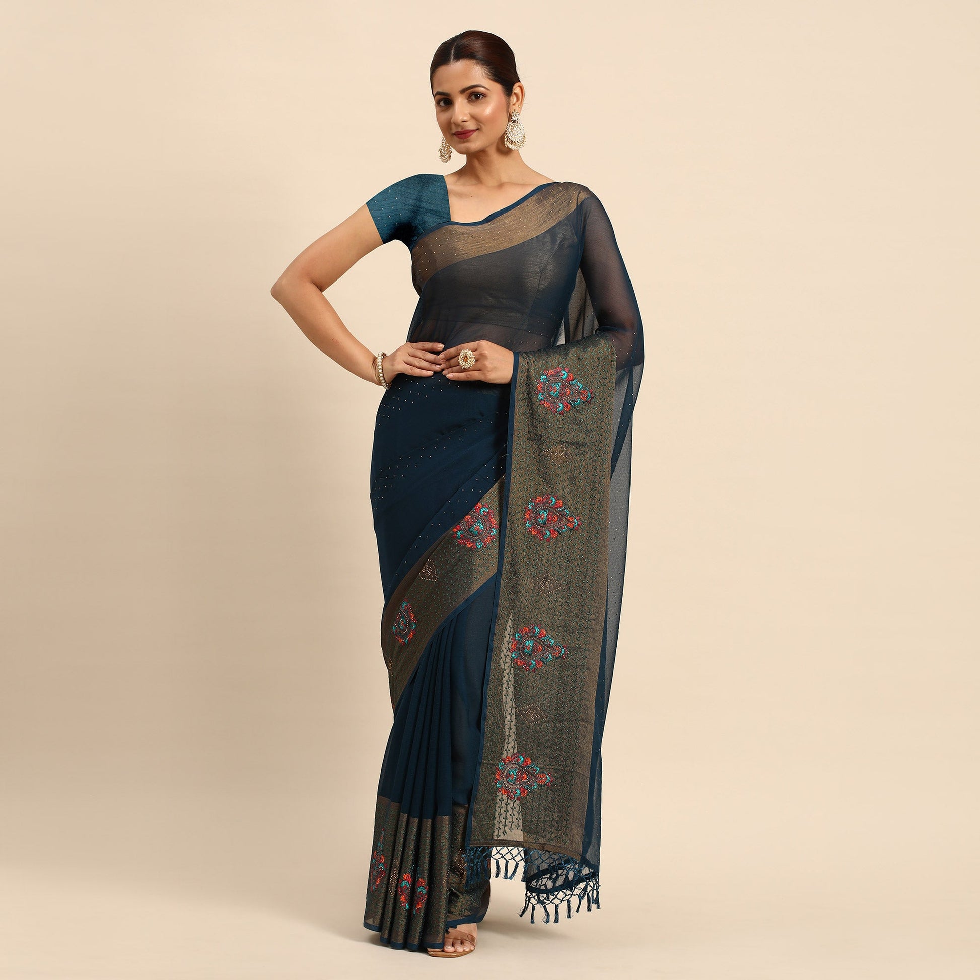 Blue Swarovski With Embroidery Work Viscose Chiffon Saree