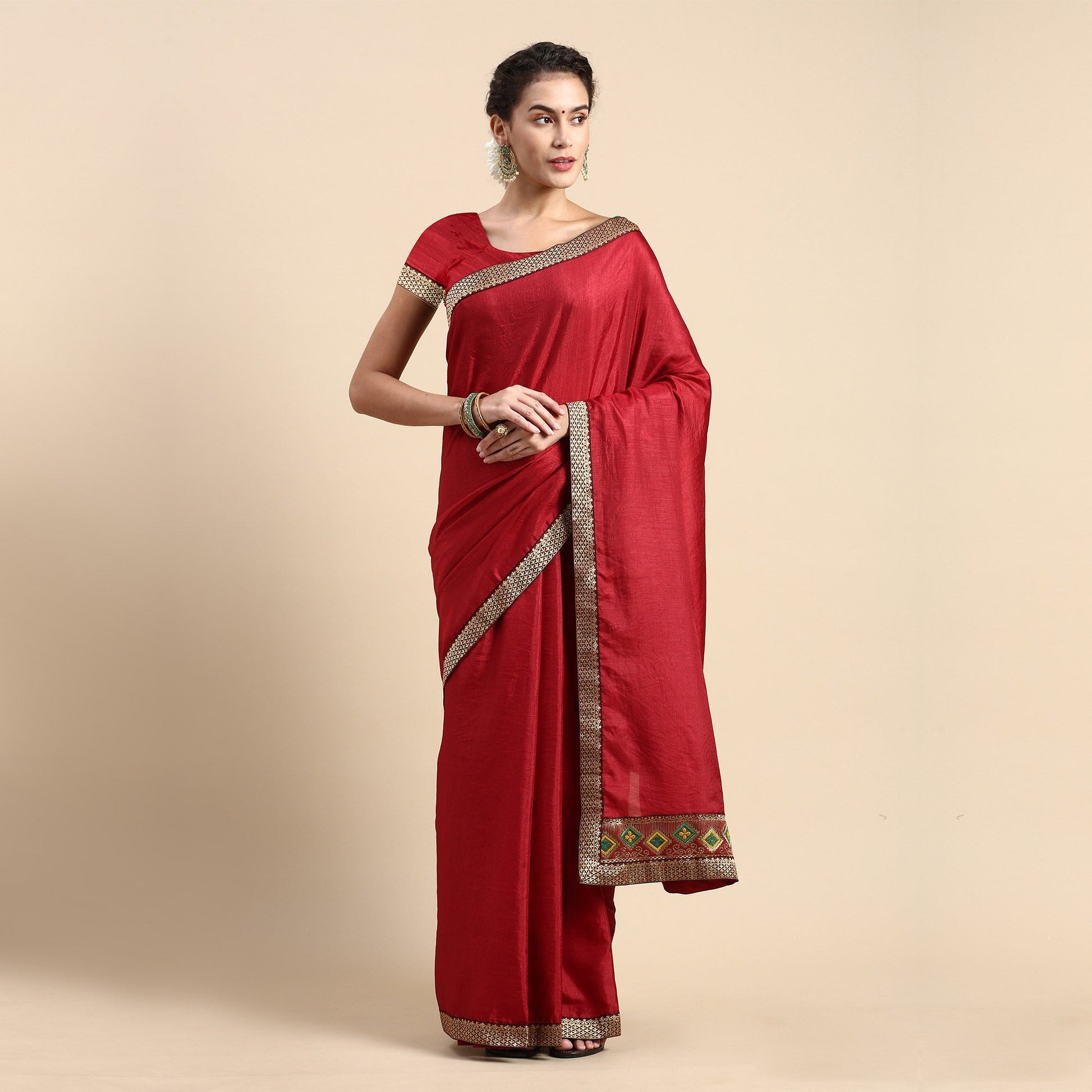 Maroon Solid Vichitra Silk Saree With Fancy Border