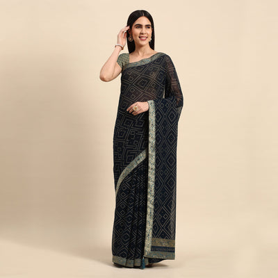 Dark Blue Foil Printed With Swarovski Georgette Saree