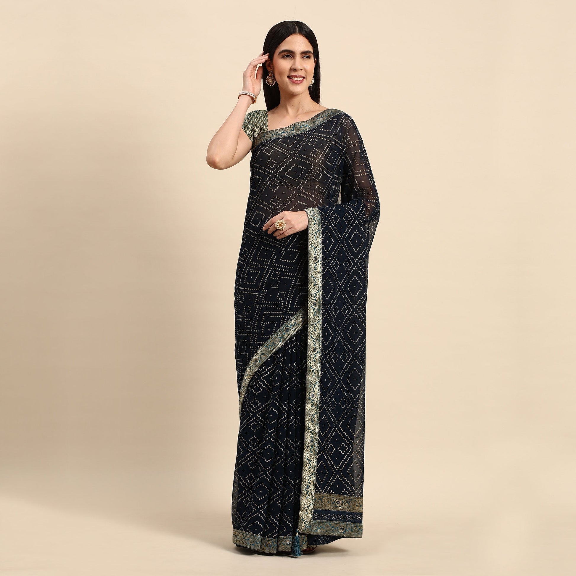 Dark Blue Foil Printed With Swarovski Georgette Saree