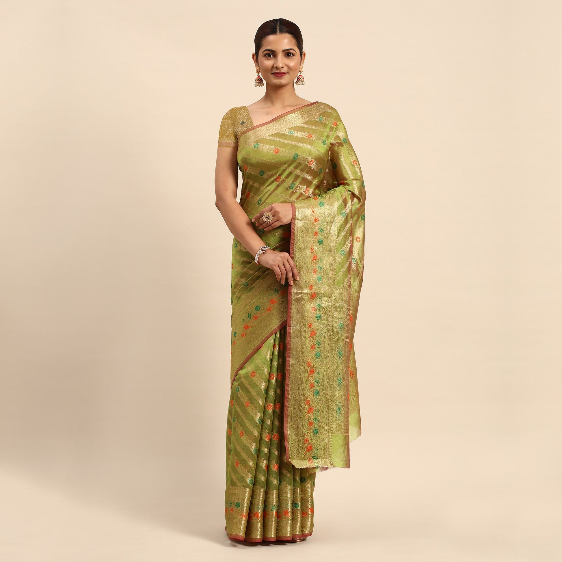 Mehendi Green Floral Woven Organza Silk Saree
