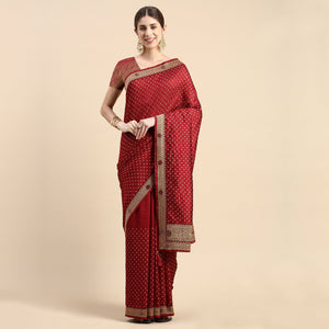 Maroon Foil Printed With Swarovski Vichitra Silk Saree
