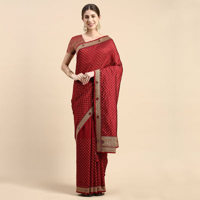 Maroon Foil Printed With Swarovski Vichitra Silk Saree
