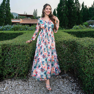 Cream & Multicolor Printed With Handwork Chiffon Dress