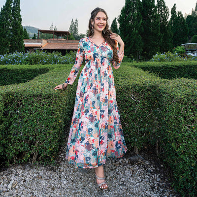 Cream & Multicolor Printed With Handwork Chiffon Dress