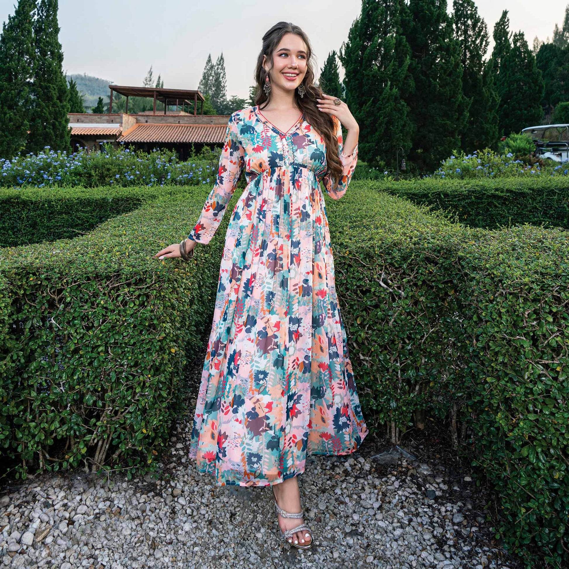 Cream & Multicolor Printed With Handwork Chiffon Dress