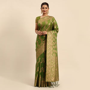 Mehendi Green Floral Woven Organza Silk Saree With Tassels