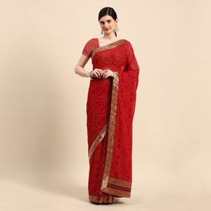 Dark Red Foil Printed With Swarovski Georgette Saree