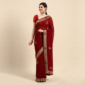 Maroon Foil Printed With Swarovski Zomato Silk Saree