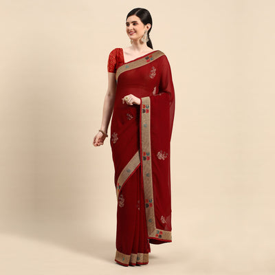 Maroon Foil Printed With Swarovski Zomato Silk Saree