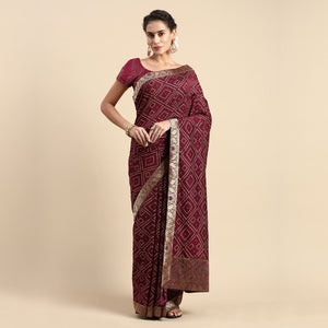 Maroon Foil Printed With Swarovski Vichitra Silk Saree