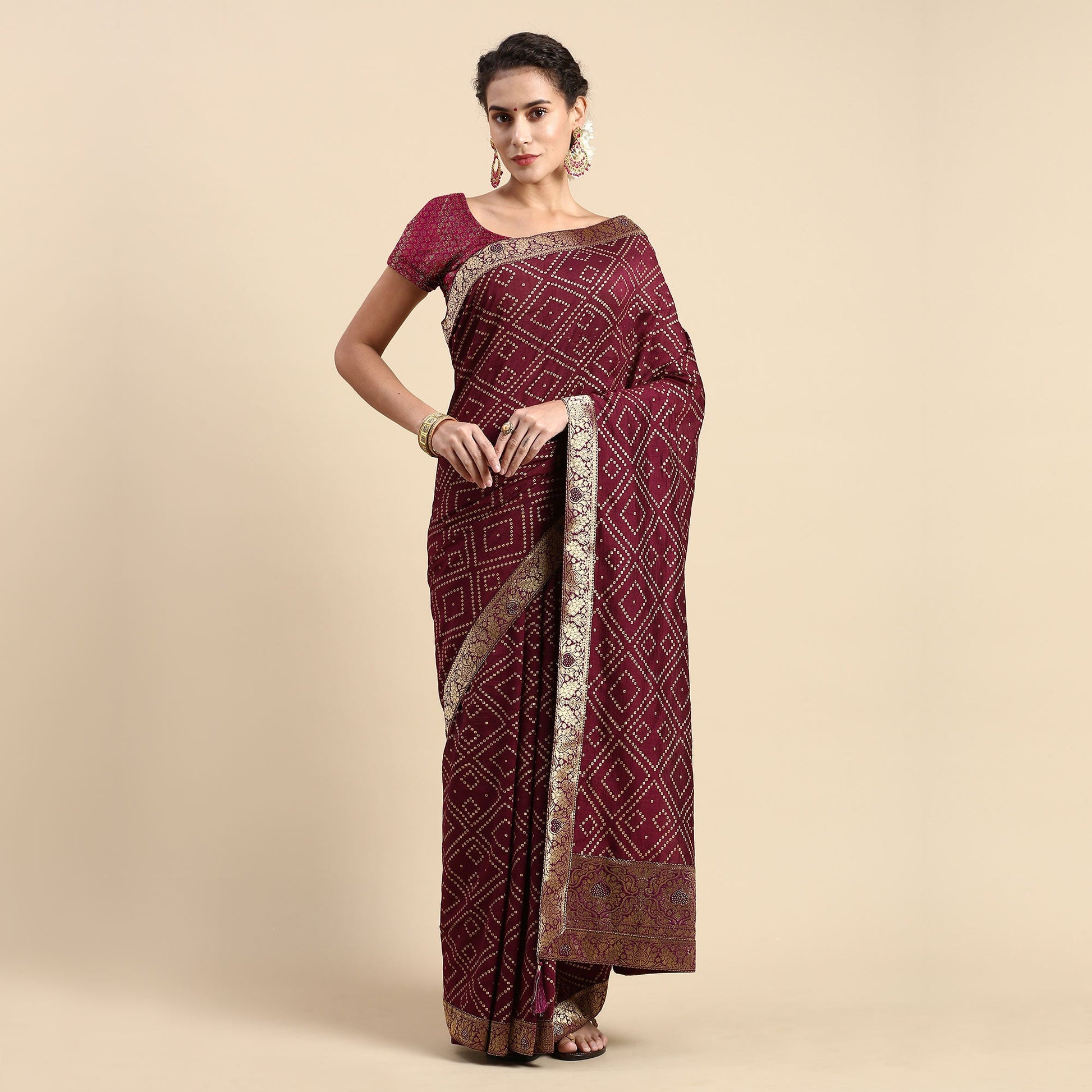 Maroon Foil Printed With Swarovski Vichitra Silk Saree
