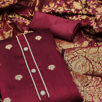 Maroon Floral Woven Banarasi Silk Dress Material