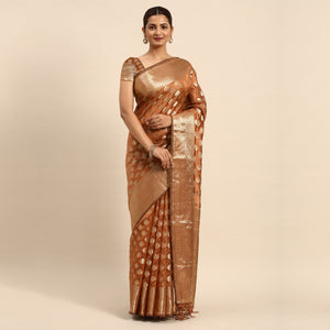 Brown Woven Organza Silk Saree With Tassels