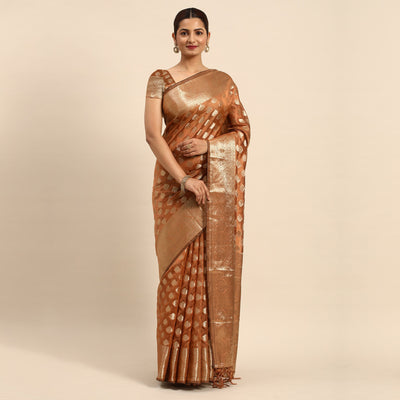 Brown Woven Organza Silk Saree With Tassels