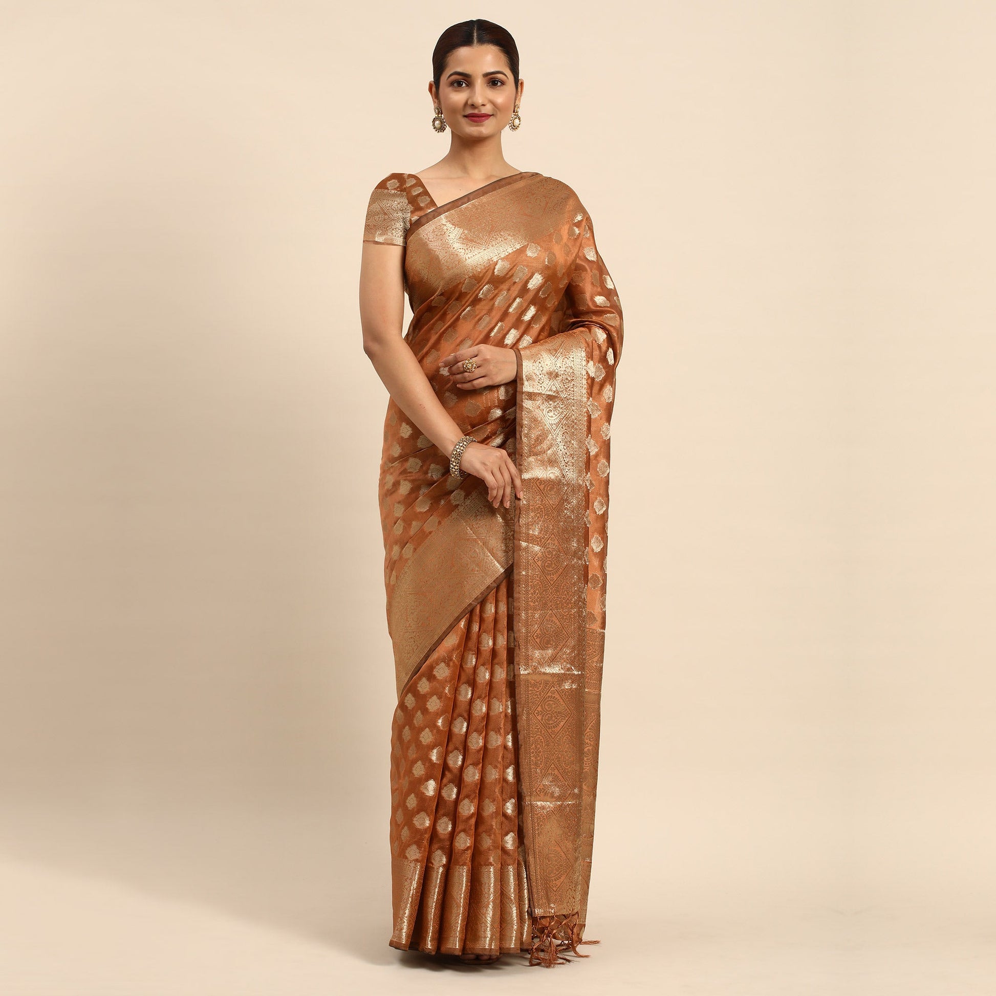 Brown Woven Organza Silk Saree With Tassels